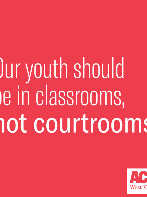 Red image with white text reads "Our youth should be in classrooms, not courtrooms."