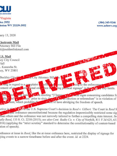 A copy of the letter sent to Beckley officials with the word "DELIVERED" stamped across it in red