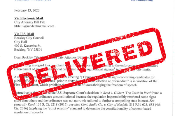 A copy of the letter sent to Beckley officials with the word "DELIVERED" stamped across it in red