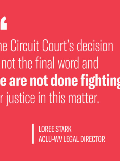 White text on red background states: The Circuit Court's decision is not the final word and we are not done fighting for justice in this matter."