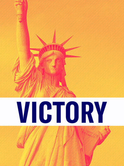 A banner across an image of the Statue of Liberty says "VICTORY."