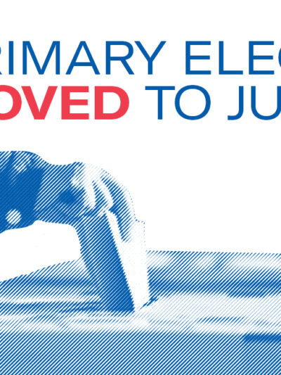 Image shows a voter with the words "Primary Election MOVED to June 9