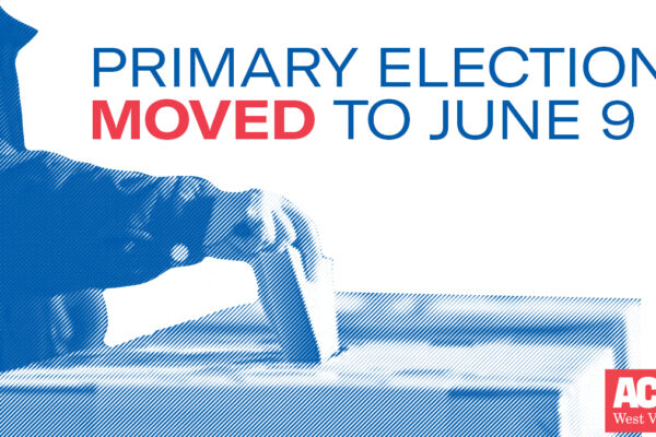 Image shows a voter with the words "Primary Election MOVED to June 9