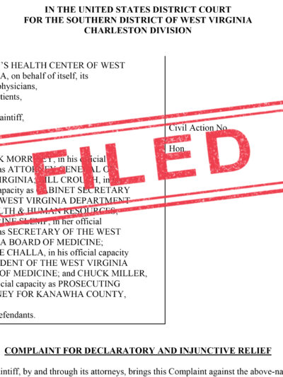 Filed complaint in Women's Health Center of WV v. Morrisey