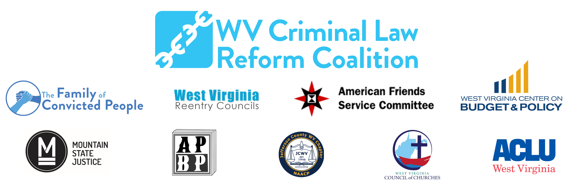 Logos of partner organizations comprising the WV Criminal Law Reform Coalition