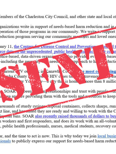 Letter to city officials with SENT stamped in red