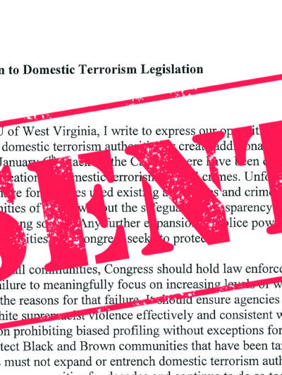 Sent letter to Congressional Representatives regarding domestic terrorism law