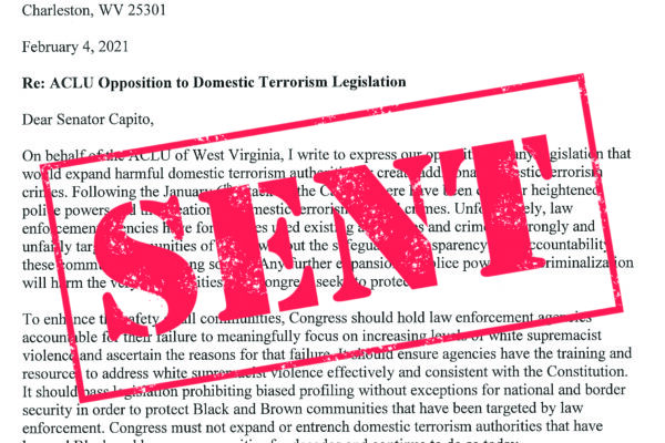 Sent letter to Congressional Representatives regarding domestic terrorism law