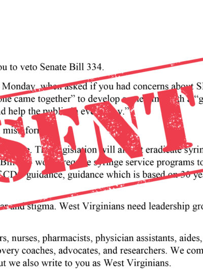 Letter to Governor Justice with SENT stamp