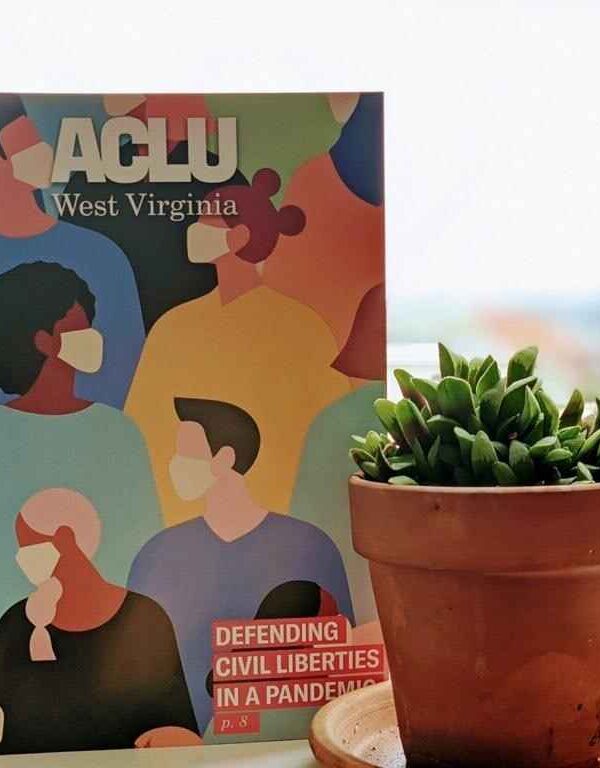 Cover of 2020 magazine is an illustration of masked people in a crowd