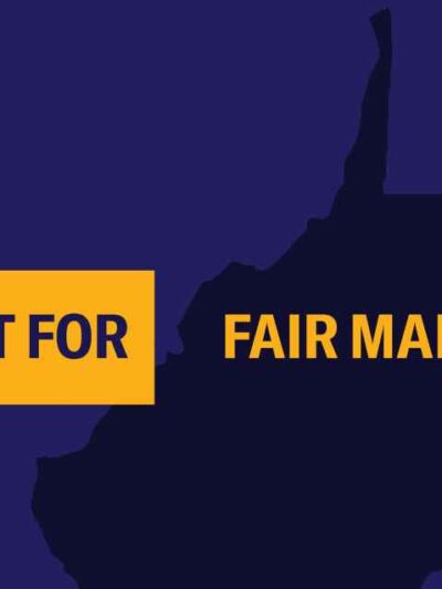 An outline of West Virginia with the words "Fight for Fair Maps"