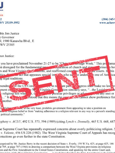 Letter to Governor Justice with "Sent" stamped in red