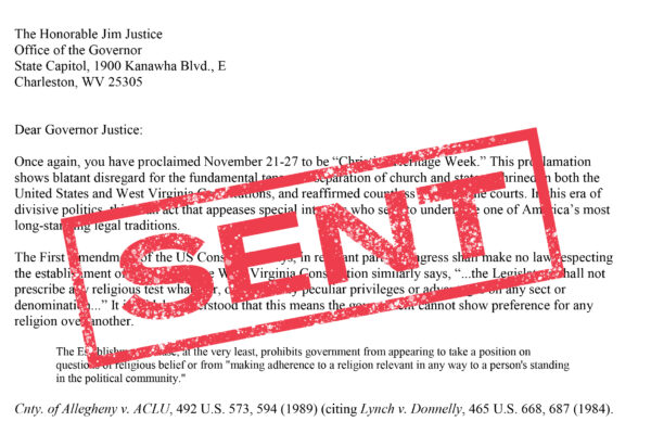 Letter to Governor Justice with "Sent" stamped in red