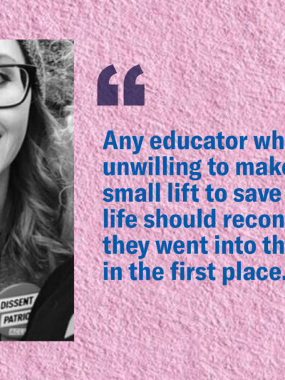 Picture of Mollie Kennedy with the quote: Student safety is not controversial. Any educator who is unwilling to make such a small lift to save a kid’s life should reconsider why they went into this field in the first place."