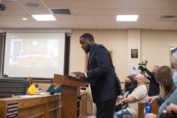 Dijon Stokes, ACLU-WV policy specialist, testifies to the Kanawha County Commission about the need for a new polling place on Charleston's West Side.