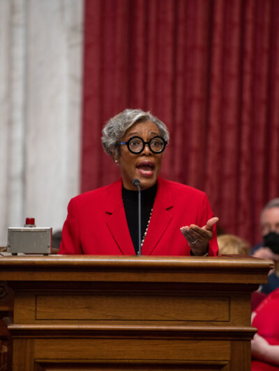 Charleston attorney Kitty Dooley, chairwoman of the legal redress committee of the Charleston Branch of the NAACP, speaks against SB 498, a classroom censorship bill.
