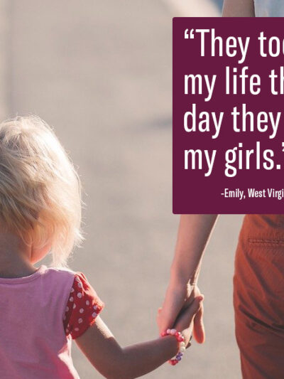 A young girl is shown from behind holding a woman's hand with the words "they took my life the day they took my girls" positioned at the top