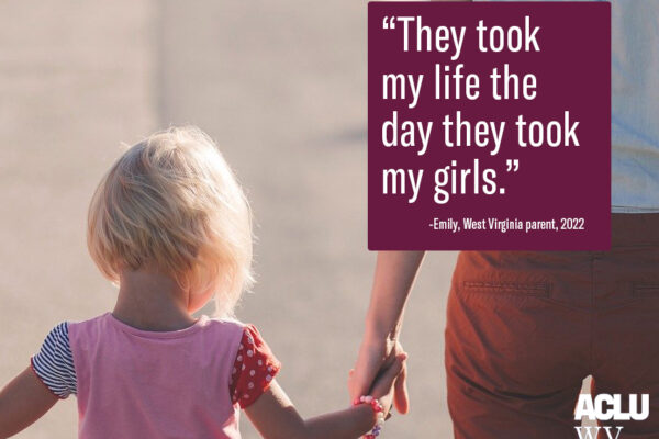 A young girl is shown from behind holding a woman's hand with the words "they took my life the day they took my girls" positioned at the top