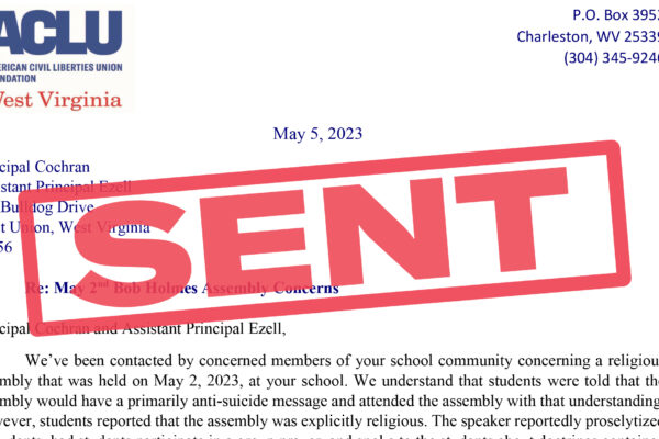 A letter to Doddridge County Officials with the word "SENT" stamped in red