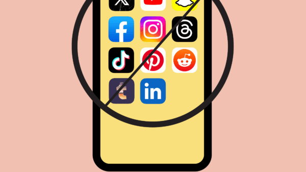 A graphic displays a cellphone with social media apps being circled and crossed out. The black text on a pink background reads "We'll see you in court" in all caps.