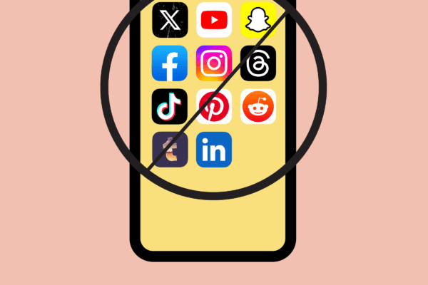 A graphic displays a cellphone with social media apps being circled and crossed out. The black text on a pink background reads "We'll see you in court" in all caps.
