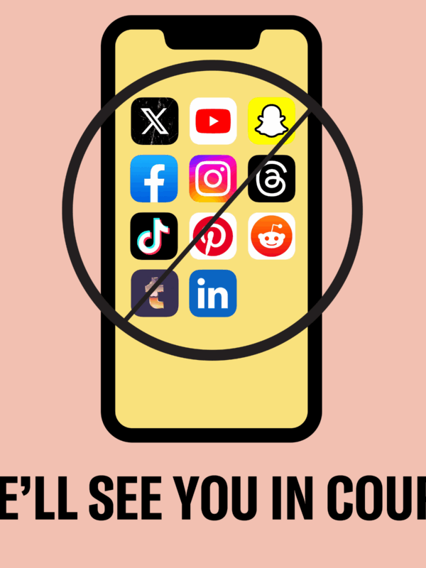 A graphic displays a cellphone with social media apps being circled and crossed out. The black text on a pink background reads "We'll see you in court" in all caps.