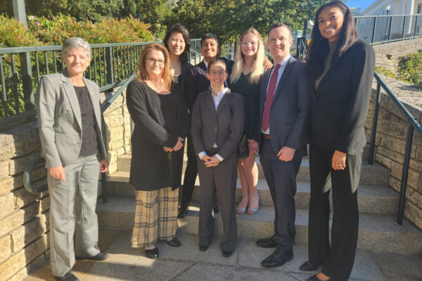 The legal team for Becky Pepper-Jackson pose for a photo with Becky and her mother, Heather Jackson, outside the Fourth Circuit Court of Appeals in Richmond, Virginia.