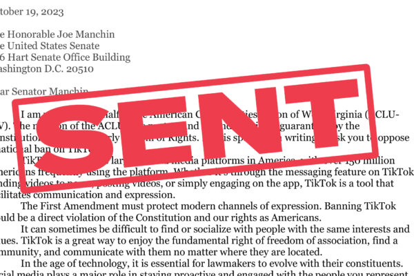 Copy of letter to Sen. Machin with the word "Sent" stamped in red over the text.