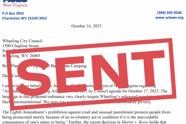 "SENT" is stamped in red over the letter sent to Wheeling officials Monday.
