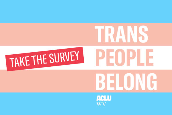 "Trans People Belong" in bold typeface on a transgender pride flag, with the words "take the survey" highlighted in red