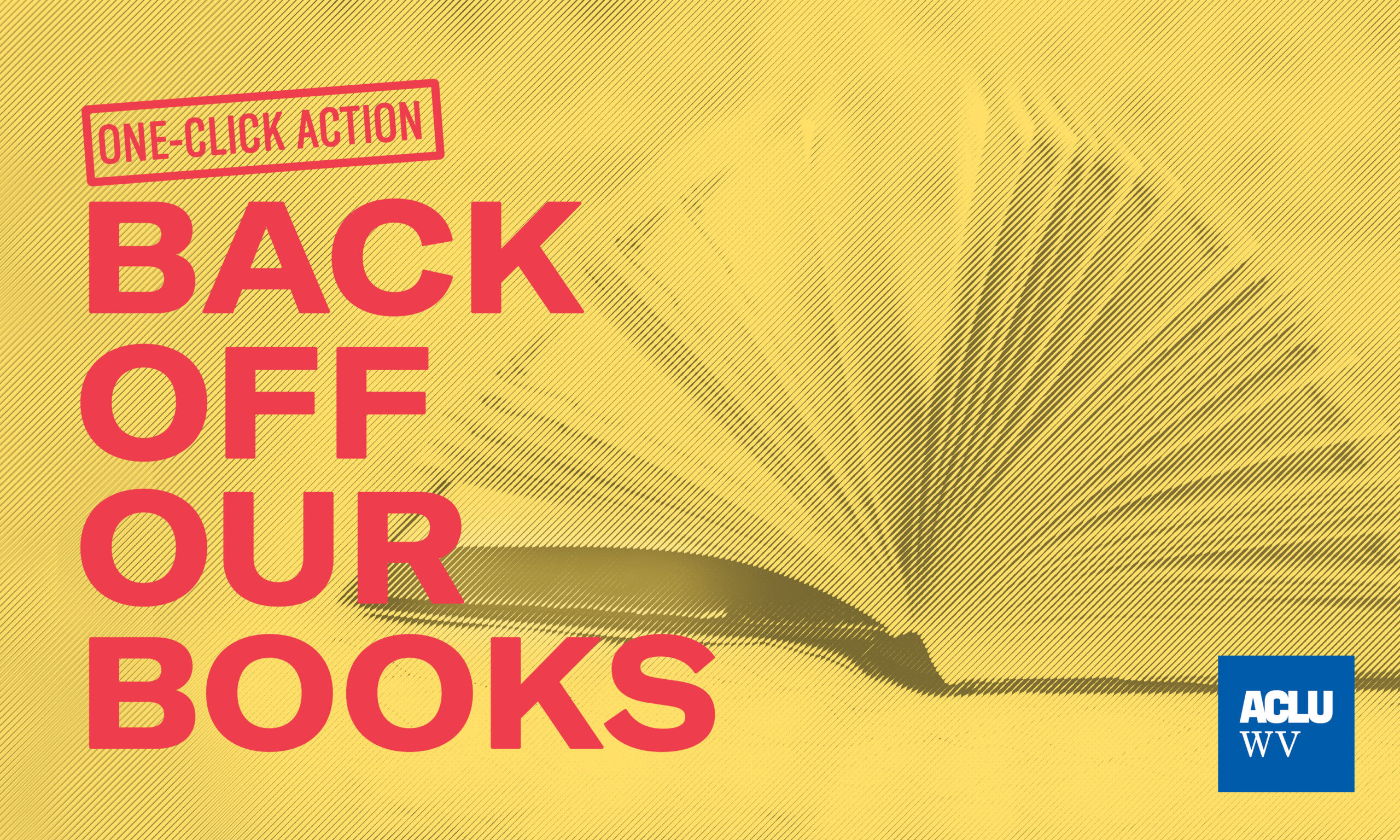 One-Click Action: Back Off Our Books in red over a yellow image of an open book
