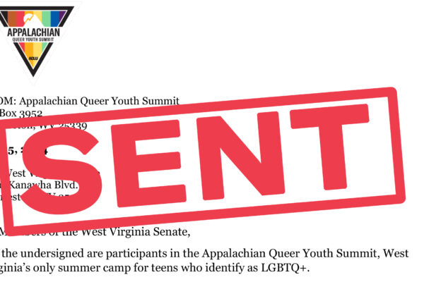 SENT stamped in red over a copy of the letter from AQYS campers to state senators