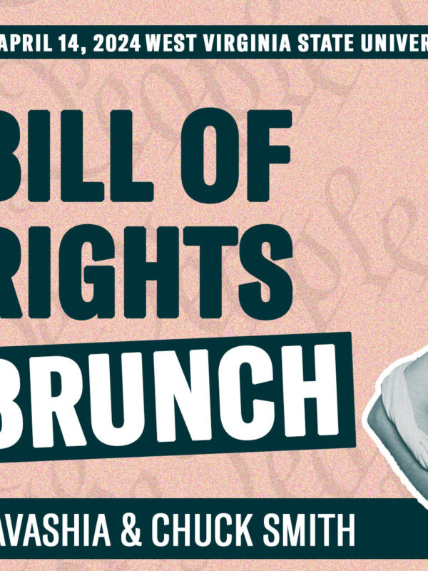 "Bill of Rights Brunch" is displayed in green and white over a pink background and an image of a drag queen dressed as Lady Liberty.