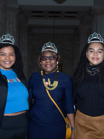 ACLU-WV Youth Organzier Ocean Smith, Board member Sonya Armstrong and legislative intern Jaidyn Carter wear Crowns in support of the Crown Act.