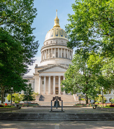 The West Virginia Capitol is shown on a sunny summer day