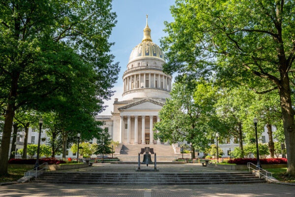 The West Virginia Capitol is shown on a sunny summer day