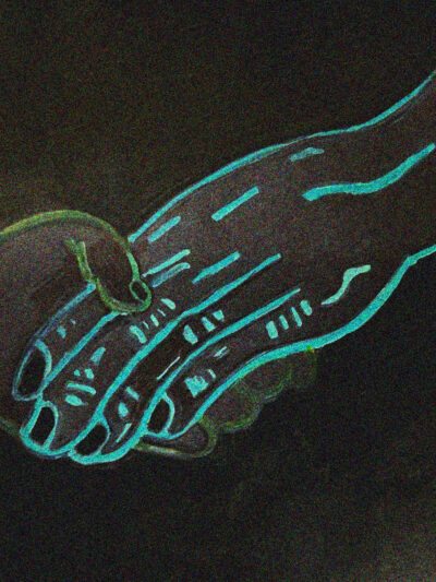 An illustration of two hands holding each other in a dark void.