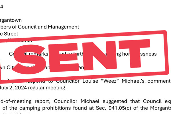 "Sent" stamped on copy of letter to Morgantown City Council