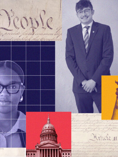 A collage graphic shows the summer's four interns along with images of lady liberty, the WV State Capitol and the Constitution.