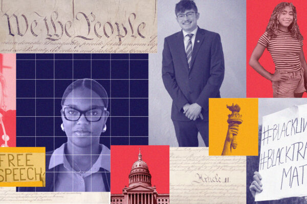 A collage graphic shows the summer's four interns along with images of lady liberty, the WV State Capitol and the Constitution.