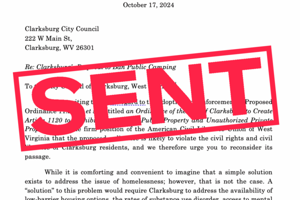 A letter to the City of Clarksburg on their proposed camping ban