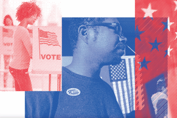 A red white and blue triptych shows people voting overlaid with images of the American flag