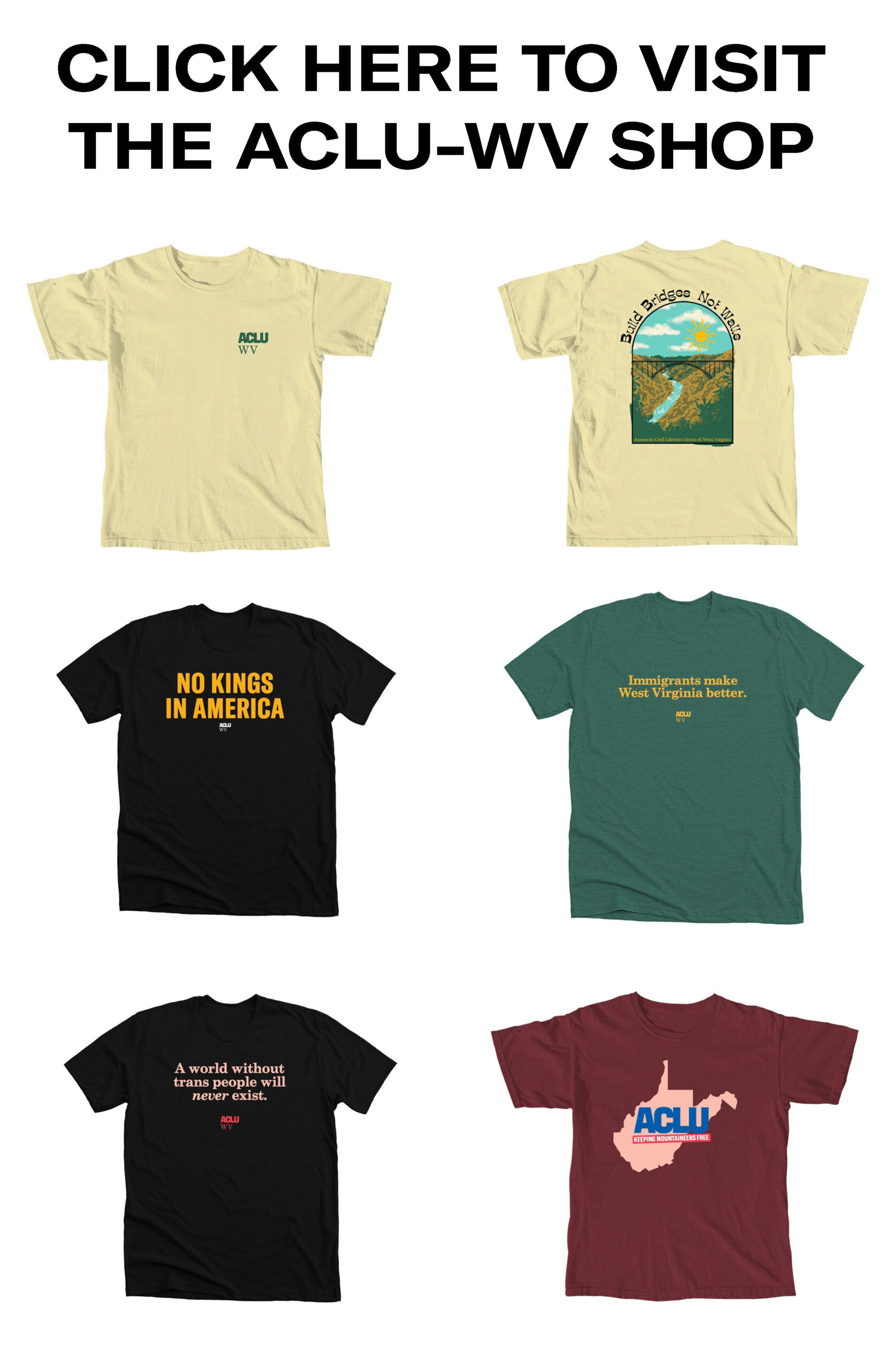 A display of shirts available at the ACLU of West Virginia store.