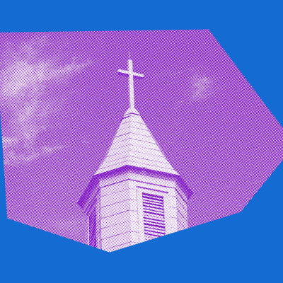 A violet church steeple against a blue backdrop