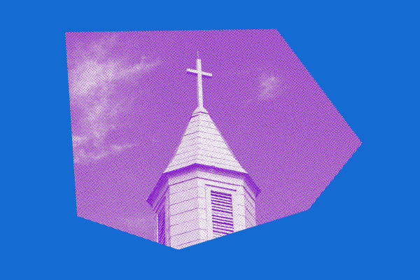 A violet church steeple against a blue backdrop