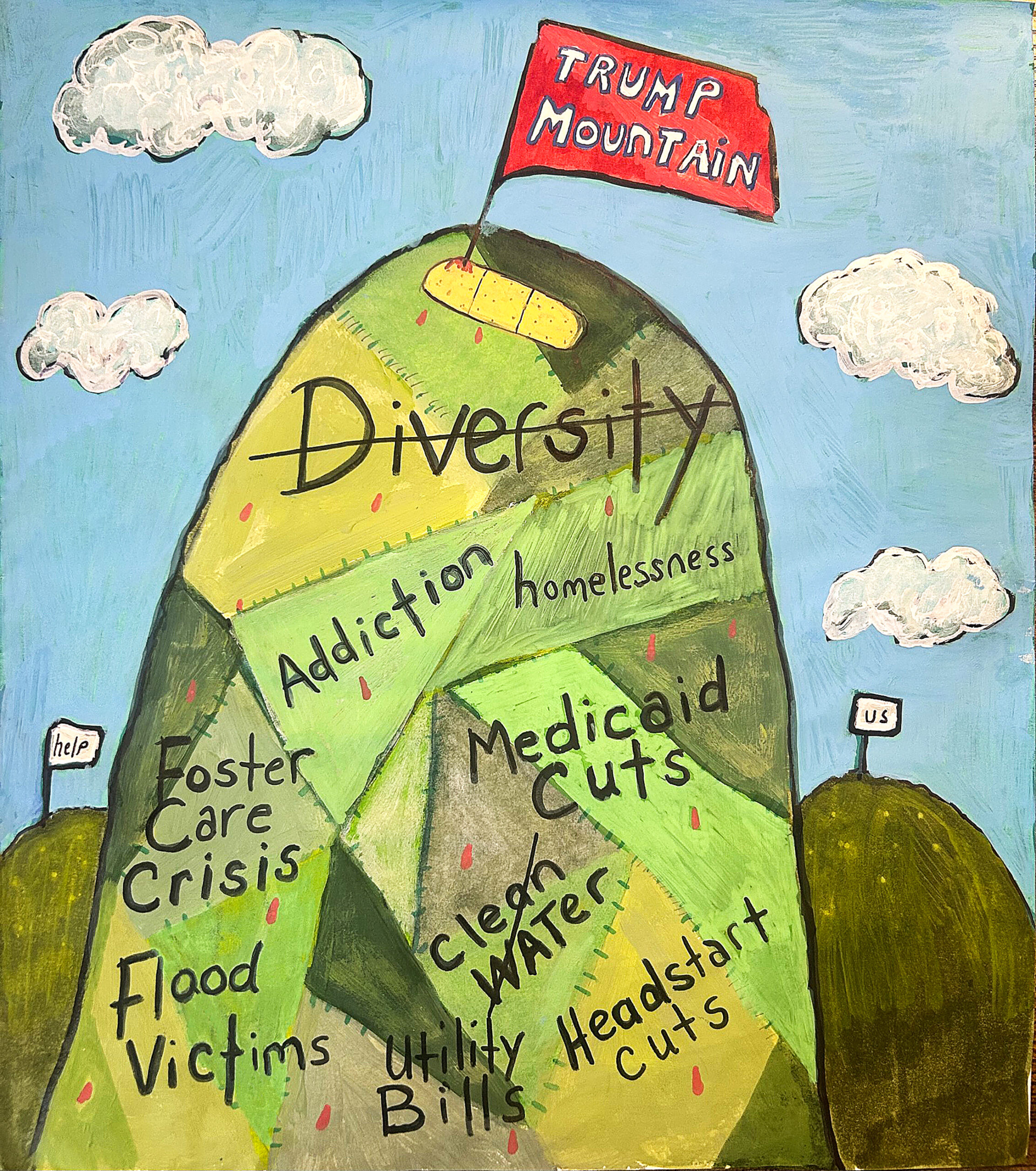 Political cartoon showing a green mountain with bandaged patches labeled with social issues, topped by a red flag reading 'Trump Mountain,' set against blue sky with white clouds and small road signs below.