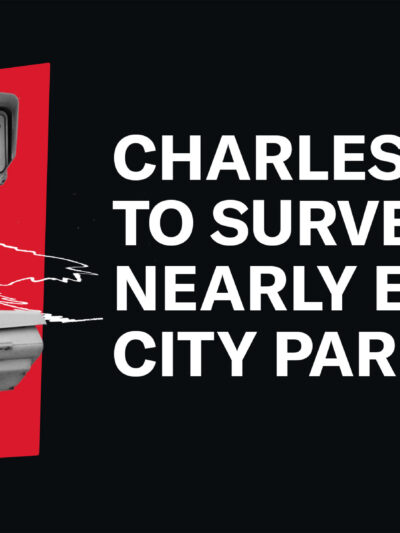 Surveillance cameras on a red and black background next to the words "Charleston to surveil nearly every city park" in white