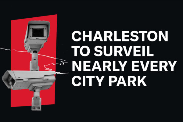 Surveillance cameras on a red and black background next to the words "Charleston to surveil nearly every city park" in white