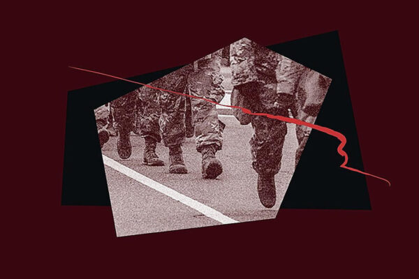 Military troops on a maroon background