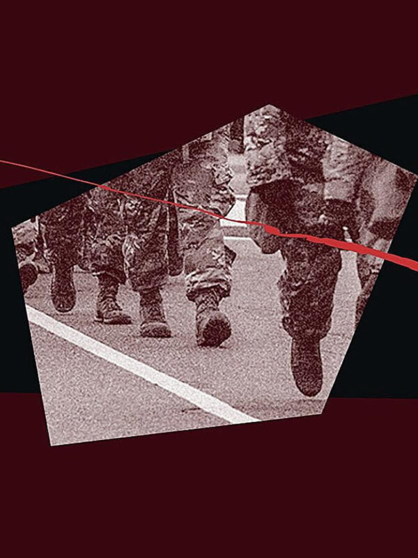 Military troops on a maroon background